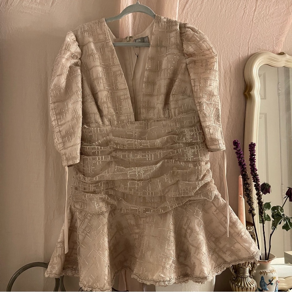 ASOS cream 3/4 puff sleeve embellished sequin low cut mini dress